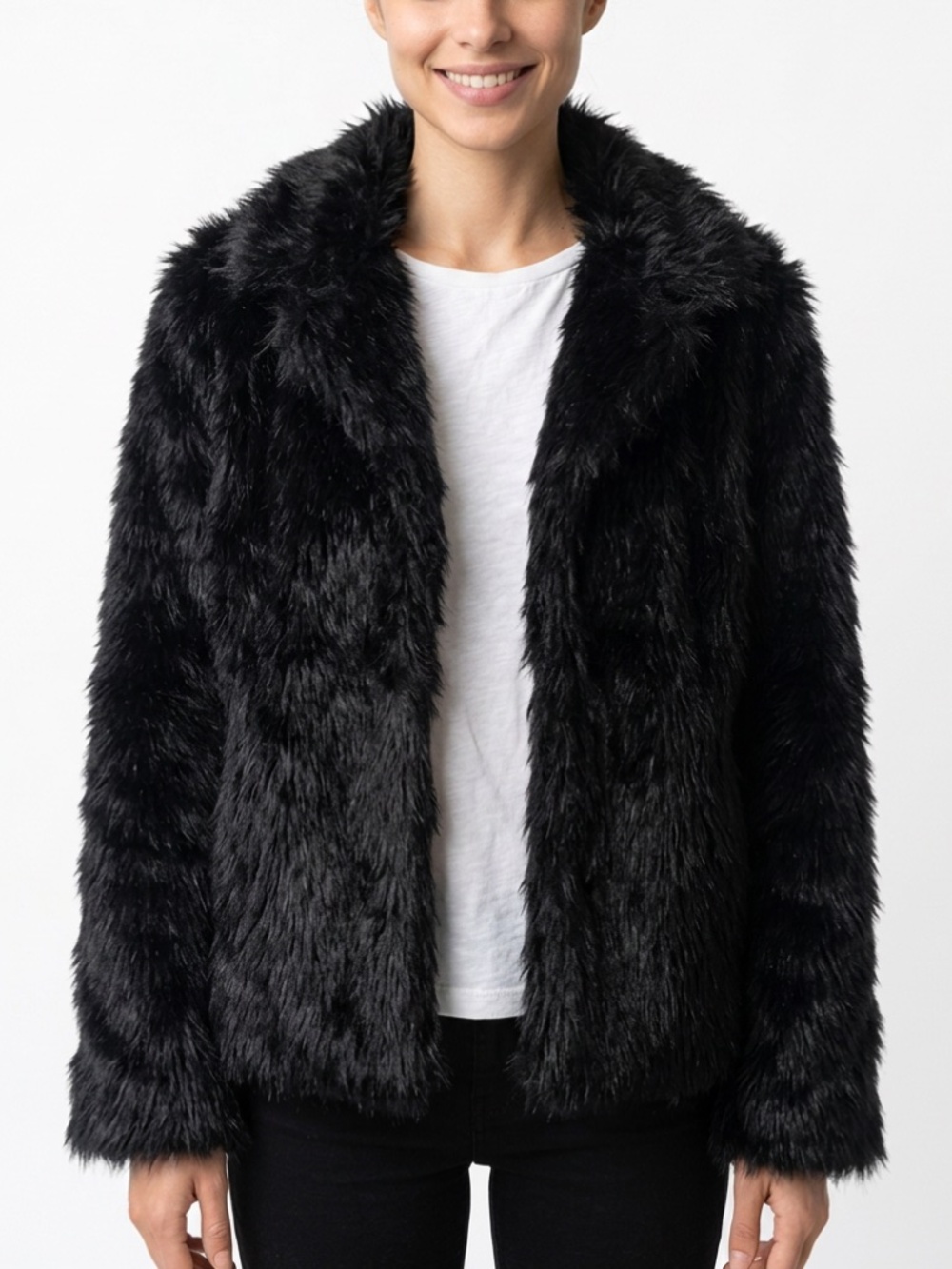 KENAR • Black Shaggy Faux Fur Jacket Hook & Eye Front Glam Rocker Medium